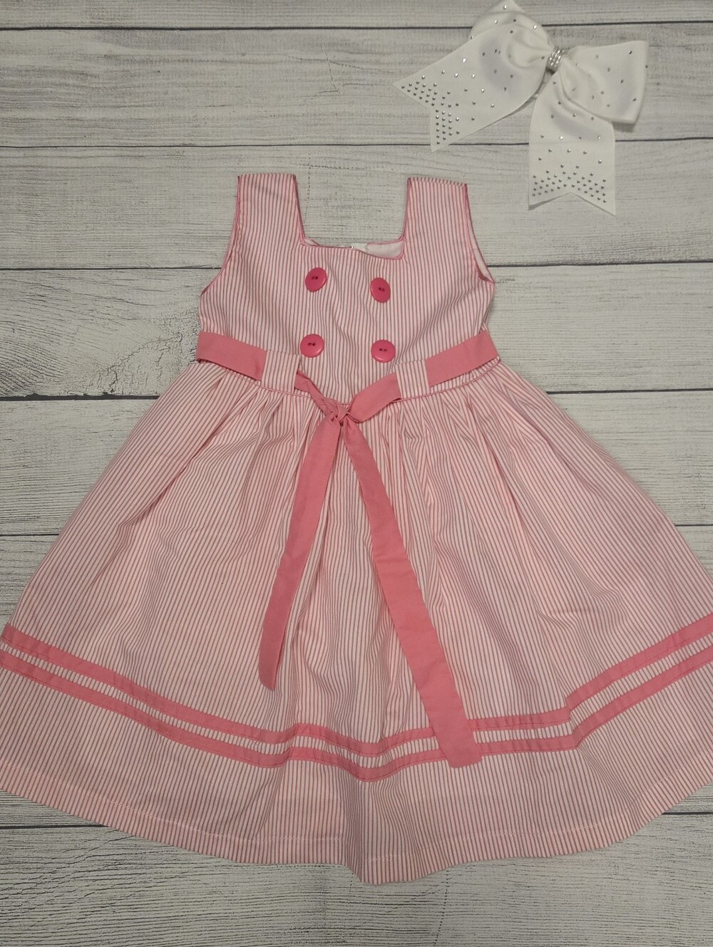 Girls Pink Striped Sleeveless Dress with Bow